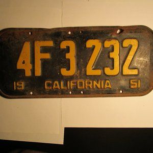 Vintage California 1951 Automobile License Plate